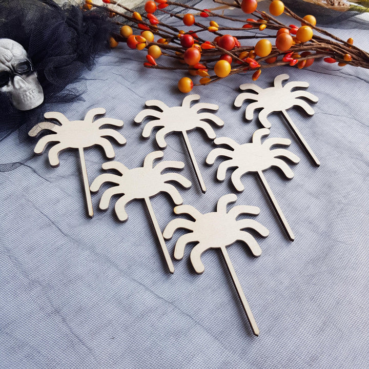 Set of 6 Wooden Halloween Cupcake Toppers Picks, Spooky Spiders Party Decorations