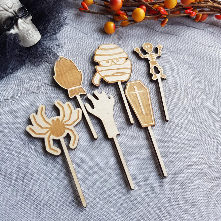 Set of 6 Wooden Halloween Cupcake Toppers Picks, Spooky Party Decorations