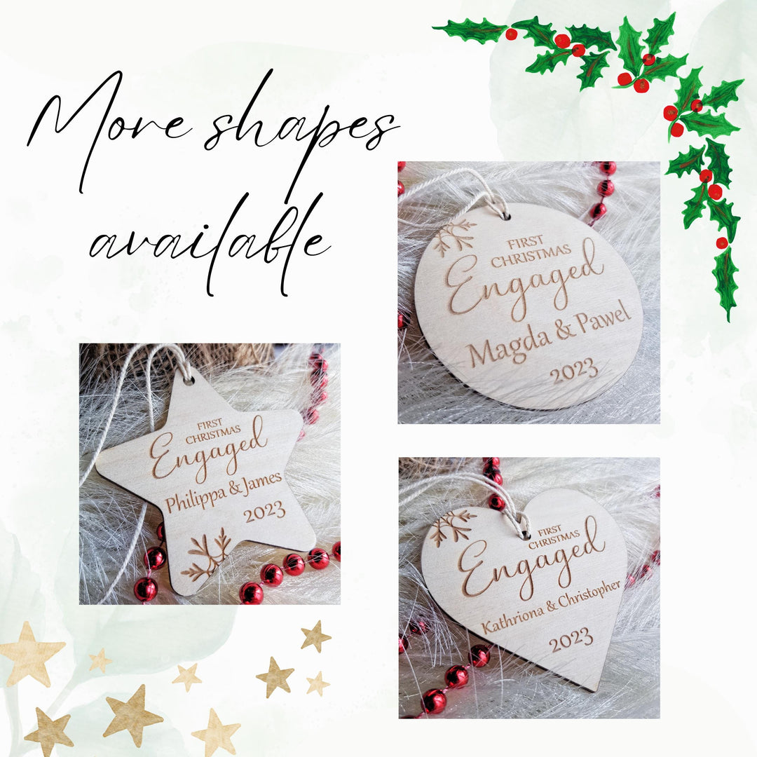 First Christmas Engaged Heart Bauble - Personalised Wooden Keepsake, Rustic Tree Ornament, Festive Decoration