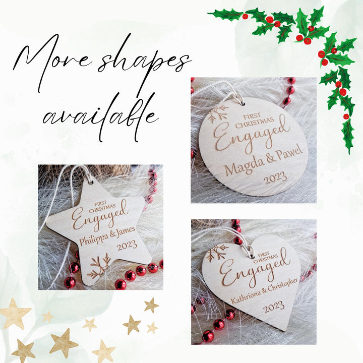 First Christmas Engaged Heart Bauble - Personalised Wooden Keepsake, Rustic Tree Ornament, Festive Decoration