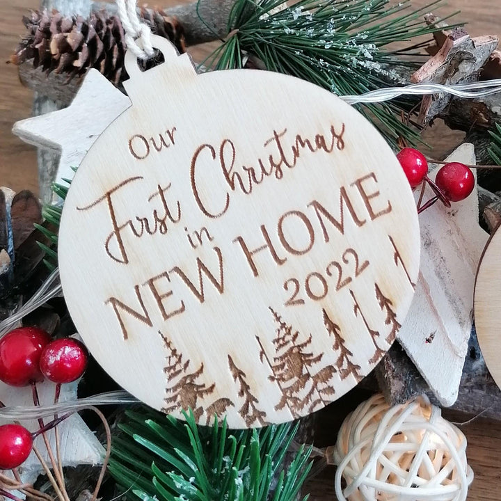 Wooden Christmas tree decoration, Our first Christmas in New Home, Xmas ornament, Eco Christmas Bauble, Personalised Christmas gift