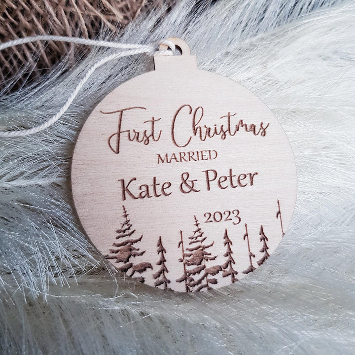 Personalised Wooden Christmas Tree Decoration First Christmas Married as Mr and Mrs, Married, Engaged bauble - Winter Woodland Keepsake