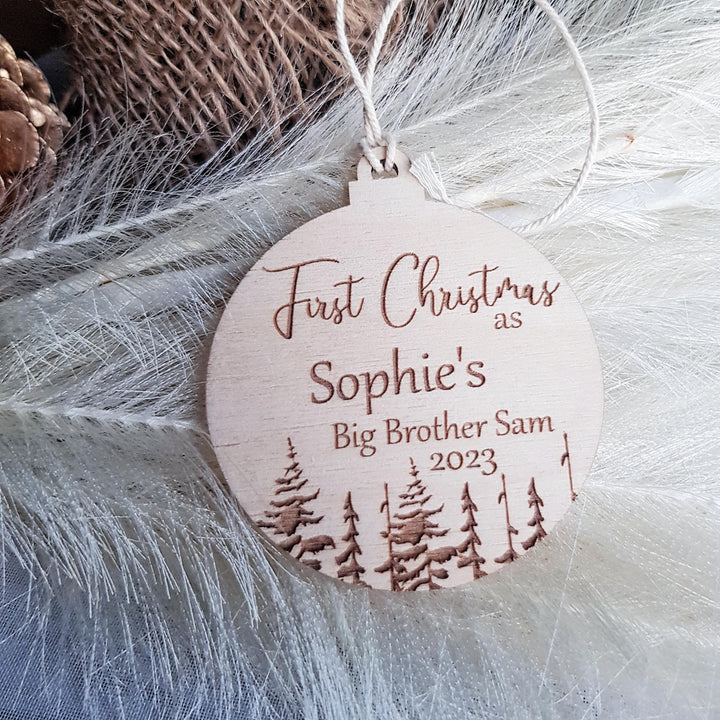 Personalised Wooden Christmas Tree Decoration First Christmas as Sister/Brother - Eco-Friendly Bauble - Winter Woodland Keepsake