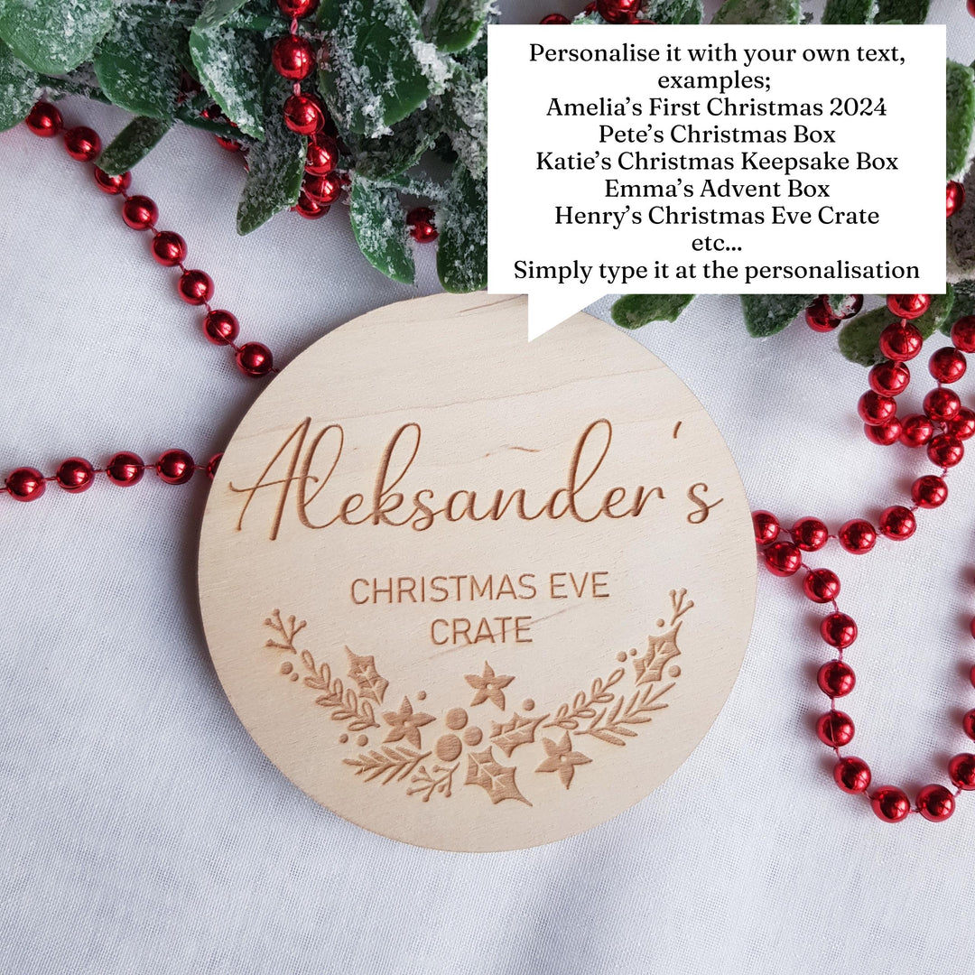 Personalised Christmas Eve Box / Crate label, Baby First Christmas disc, Milestone Card/Discs Photo Prop Plaque | Social Media Flat Lay Prop