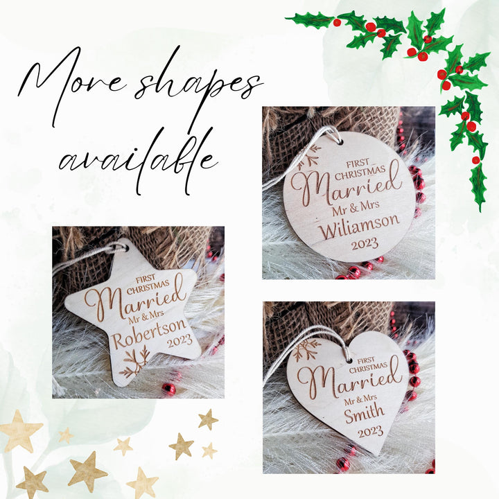 First Christmas Married Bauble - Rustic Wooden Keepsake, Christmas Tree Ornament, Festive Decoration