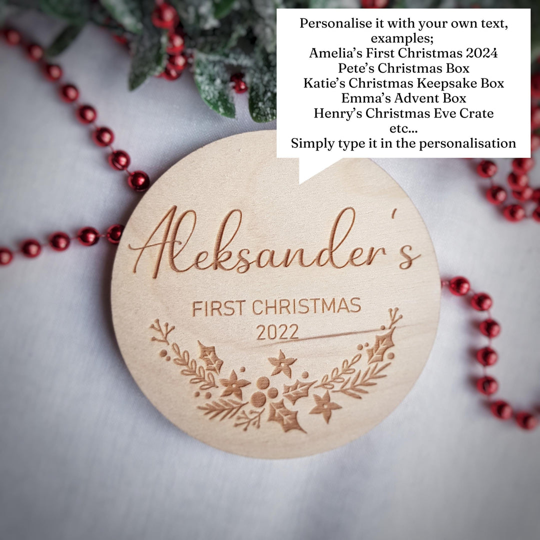 Personalised Baby First Christmas disc, Christmas Eve Box / Crate label, Milestone Card/Discs Photo Prop Plaque | Social Media Flat Lay Prop