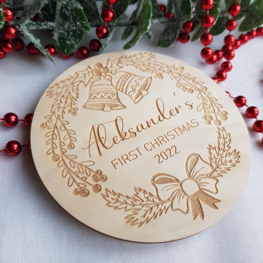 Personalised Baby First Christmas disc, Christmas Eve Box / Crate label, Milestone Card/Discs Photo Prop Plaque | Social Media Flat Lay Prop