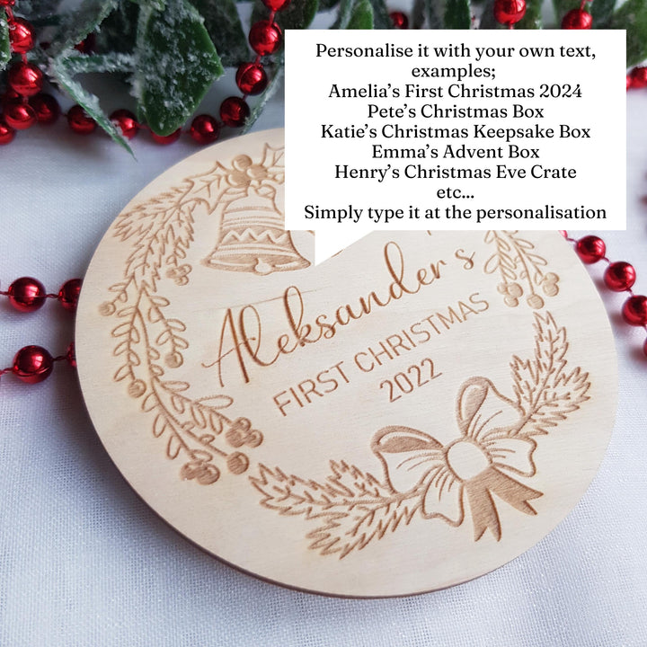 Personalised Christmas Eve Box / Crate label, Baby First Christmas disc, Milestone Card/Discs Photo Prop Plaque | Social Media Flat Lay Prop