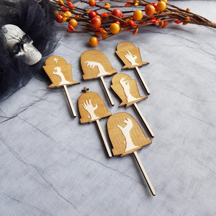 Set of 6 Wooden Halloween Cupcake Toppers, Spooky Dead Hands Party Decorations