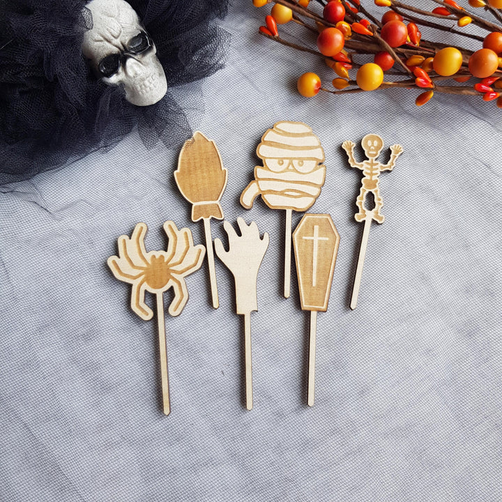 Set of 6 Wooden Halloween Cupcake Toppers Picks, Spooky Party Decorations