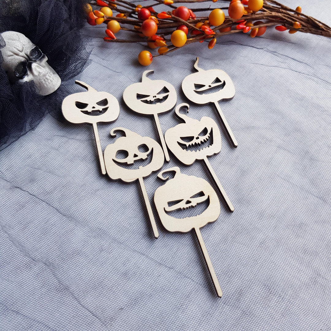 Set of 6 Wooden Halloween Cupcake Toppers Picks, Spooky and Creepy Ghost Party Decorations