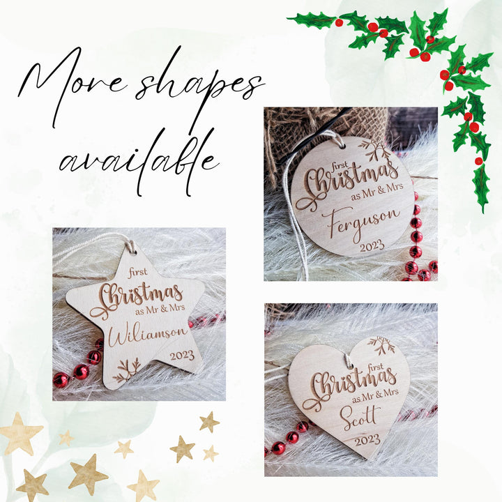 First Christmas as Mr & Mrs Bauble, First Xmas Ornament, Personalised Wooden Keepsake, Festive Round Decoration