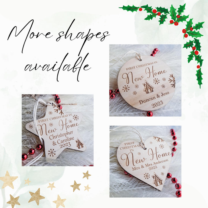 First Christmas In New Home Ornament - Personalised Tree Bauble - Wooden Keepsake - Festive Heart Decoration