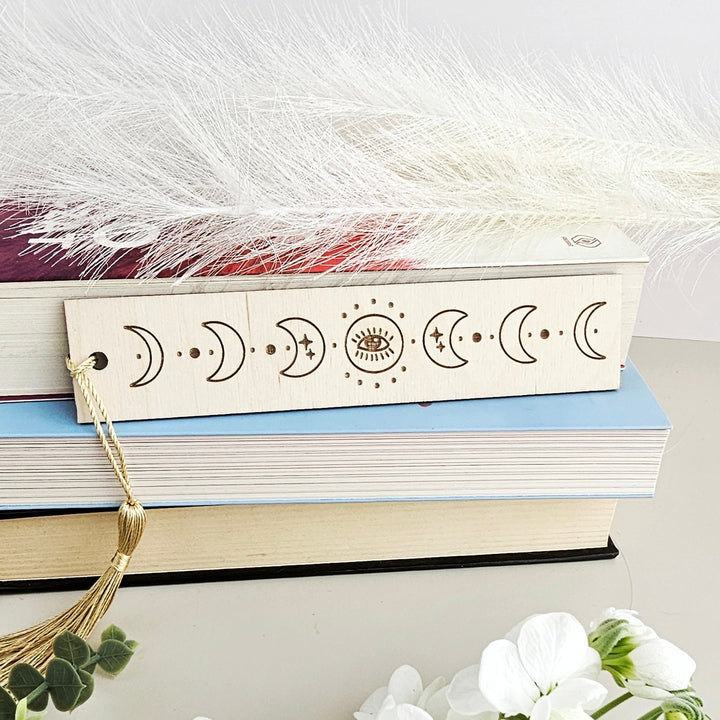 Celestial Moon Phase Wooden Bookmark - Personalised Engraved Book Lover's Gift