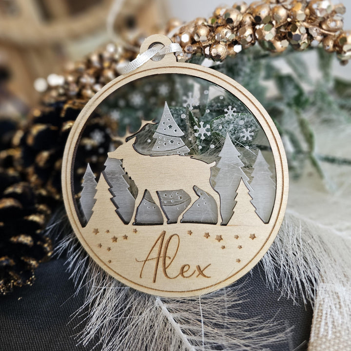 Personalised Name Christmas Ornament, Deer in Forest Bauble