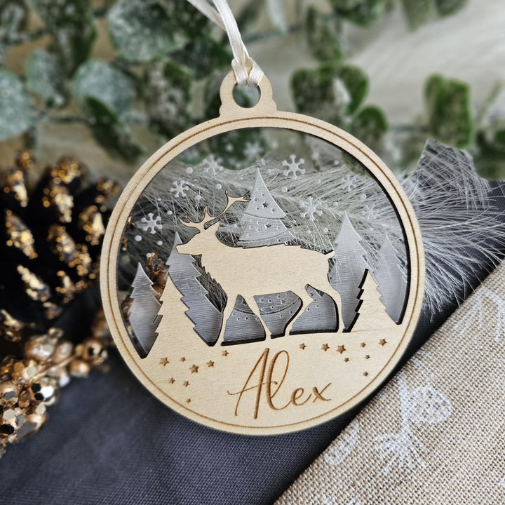 Personalised Name Christmas Ornament, Deer in Forest Bauble