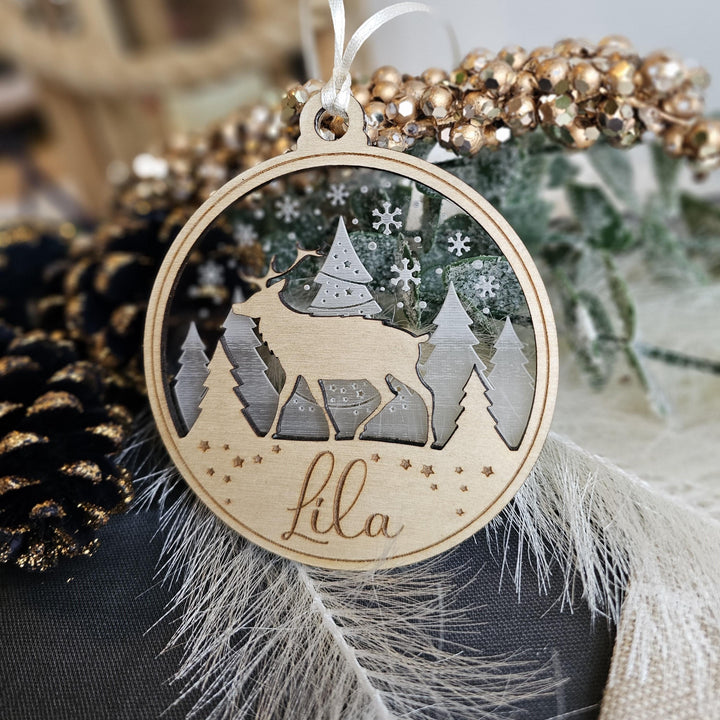 Personalised Name Christmas Ornament, Deer in Forest Bauble