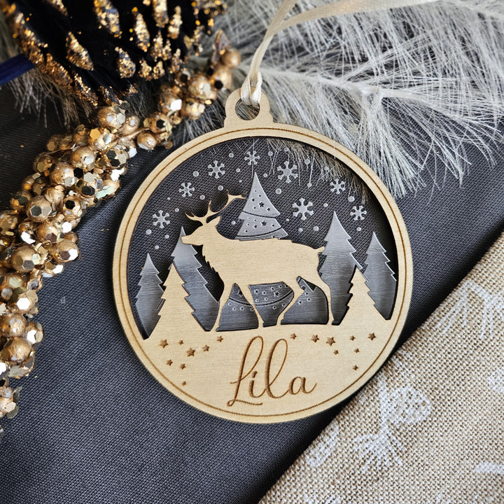 Personalised Name Christmas Ornament, Deer in Forest Bauble