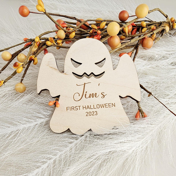 Baby's First Halloween Personalised Ghost Wooden Disc, Party Invitations, Spooky Decorations, Milestone Cards, Photo Props