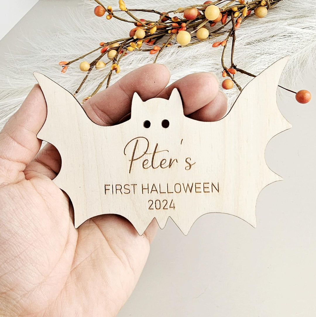 Personalised Bat Wooden Disc, Halloween Party Invitations, Spooky Decorations, Milestone Cards, Photo Props, Baby First Halloween