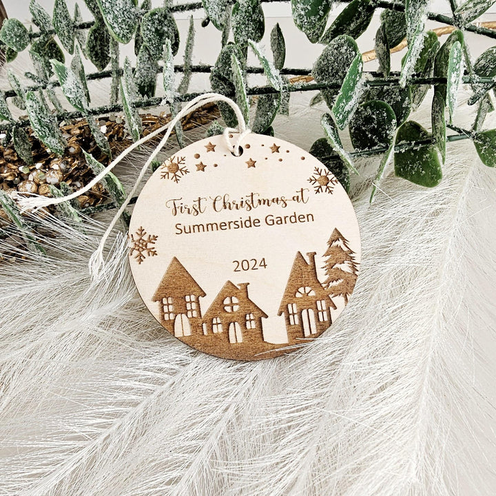 Personalised Wooden First Christmas at New House Ornament for Housewarming Celebration -  Custom Christmas Tree Bauble Keepsake Gift