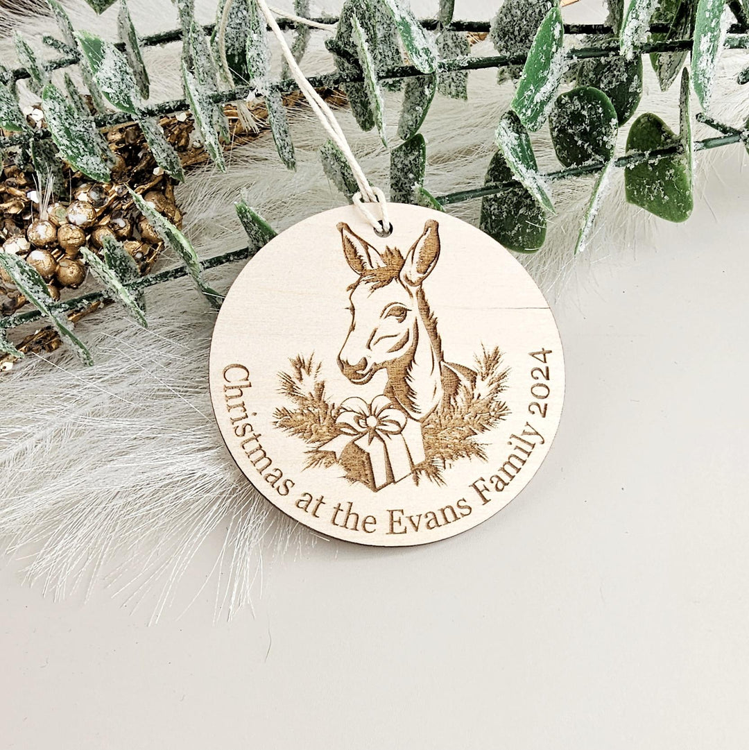 Wooden Bauble Christmas Tree Ornament - Personalised Keepsake, Festive Decor, Beautiful Christmas Donkey Decoration