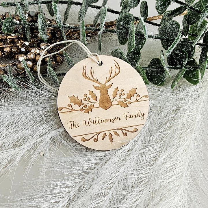 Deer Monogram Bauble Christmas Ornament - Personalised Wooden Keepsake - Festive Tree Decoration