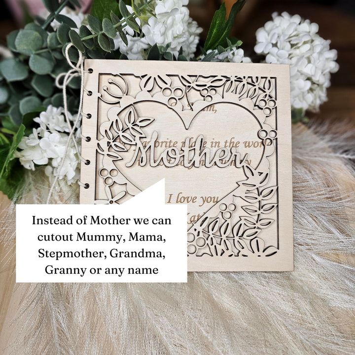 Personalised Mother's Day Wooden Card with Heart of Flowers cutout - Perfect Gift for Mom Mum Stepmother Grandmother Nanny Grandma Granny