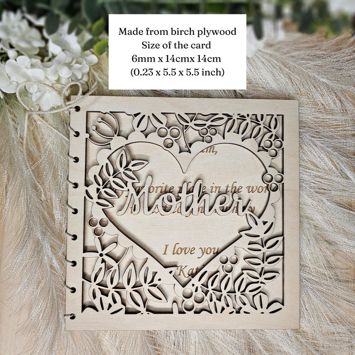 Personalised Mother's Day Wooden Card with Heart of Flowers cutout - Perfect Gift for Mom Mum Stepmother Grandmother Nanny Grandma Granny