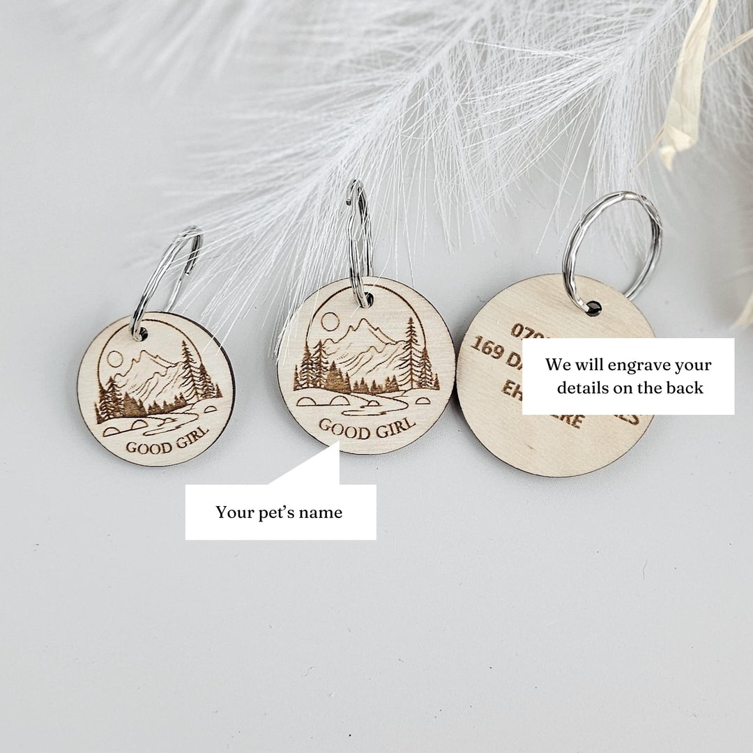 Personalised Dog Tag - Custom Engraved Mountain Wooden Pet Collar ID Tag