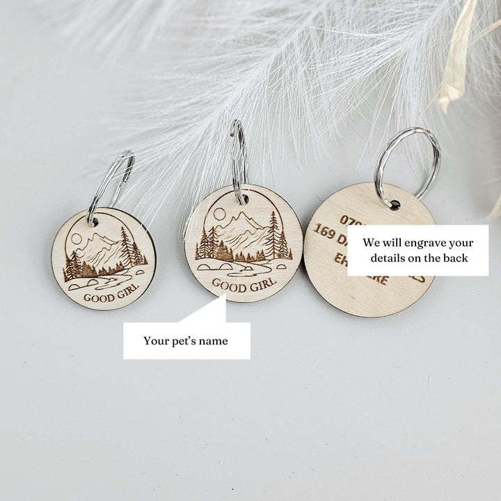 Personalised Dog Tag - Custom Engraved Mountain Wooden Pet Collar ID Tag