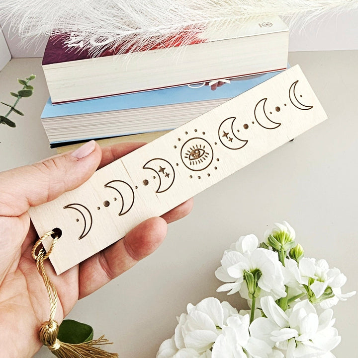 Celestial Moon Phase Wooden Bookmark - Personalised Engraved Book Lover's Gift