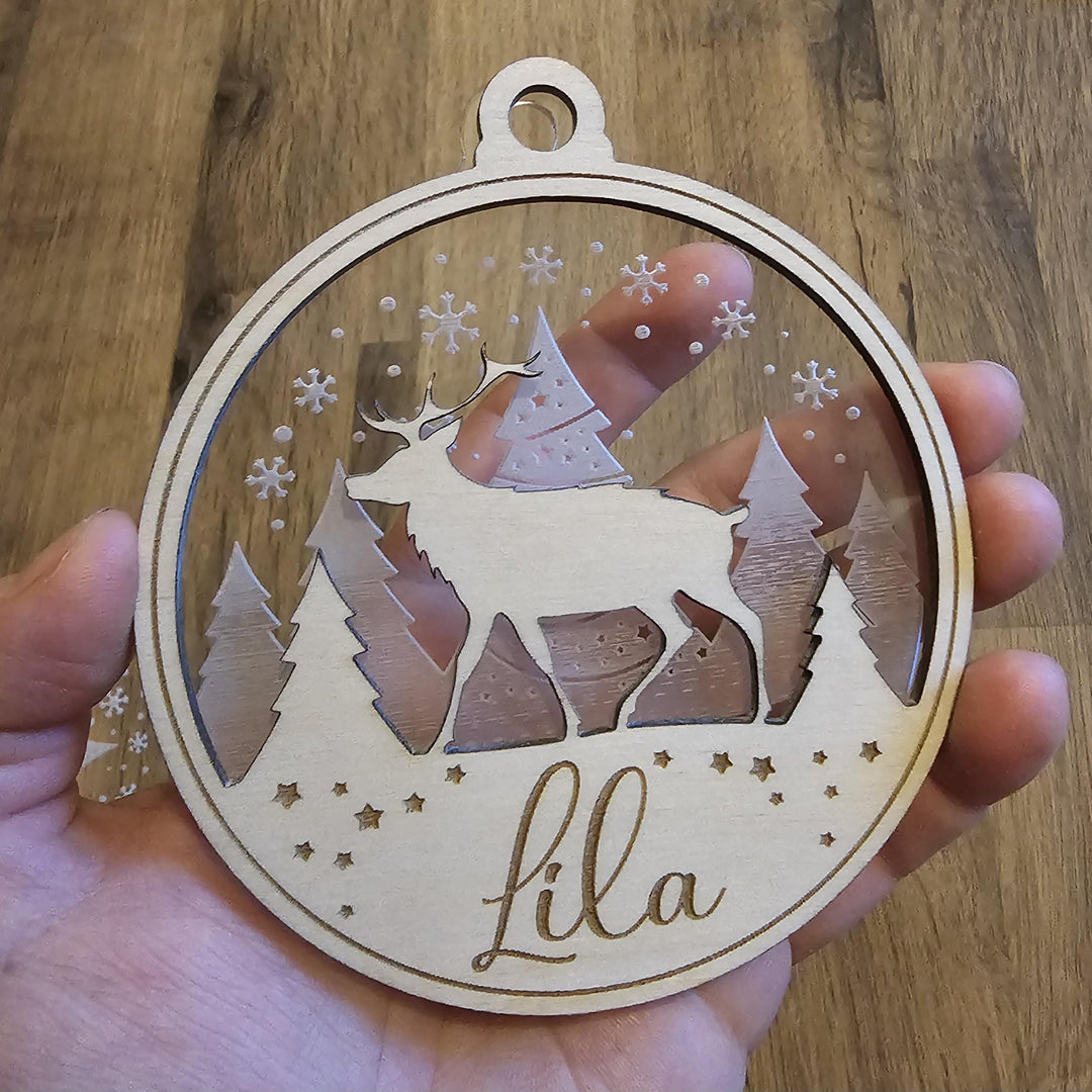 Personalised Name Christmas Ornament, Deer in Forest Bauble