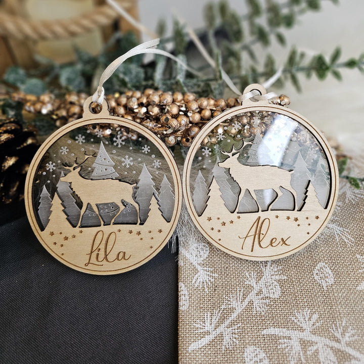 Personalised Name Christmas Ornament, Deer in Forest Bauble