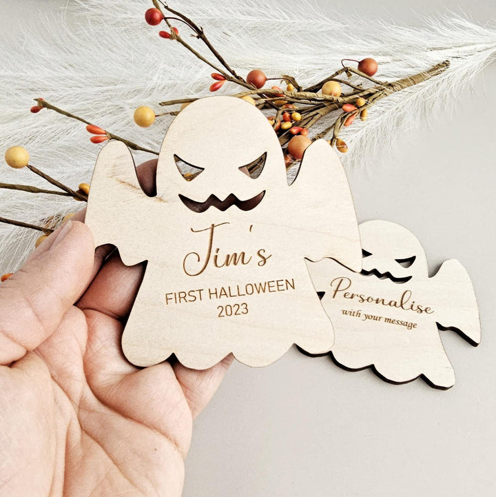 Baby's First Halloween Personalised Ghost Wooden Disc, Party Invitations, Spooky Decorations, Milestone Cards, Photo Props