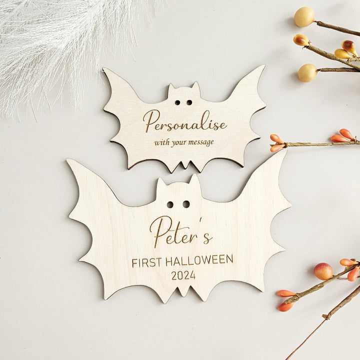 Personalised Bat Wooden Disc, Halloween Party Invitations, Spooky Decorations, Milestone Cards, Photo Props, Baby First Halloween