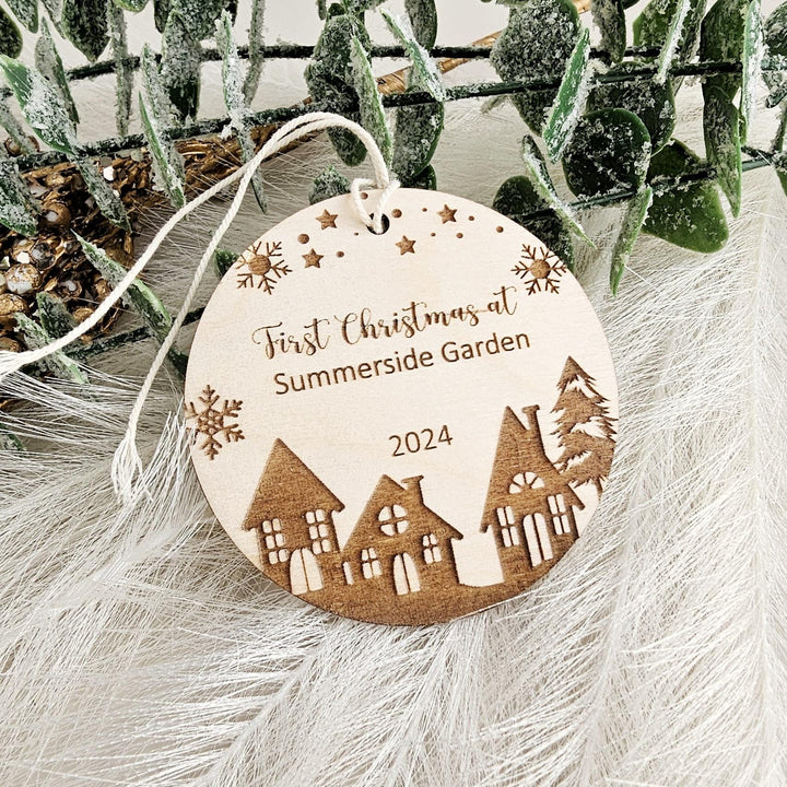 Personalised Wooden First Christmas at New House Ornament for Housewarming Celebration -  Custom Christmas Tree Bauble Keepsake Gift