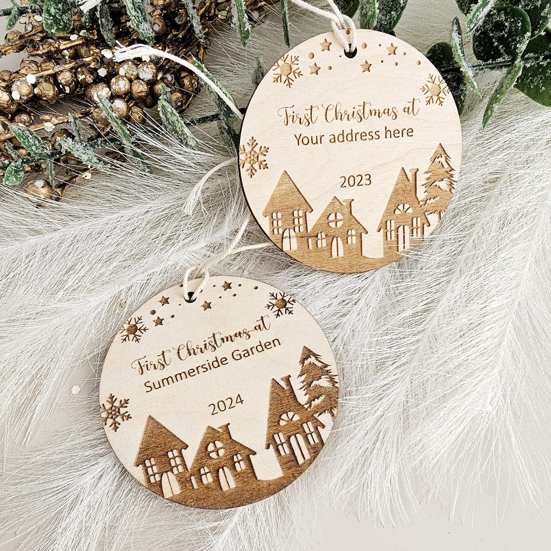 Personalised Wooden First Christmas at New House Ornament for Housewarming Celebration -  Custom Christmas Tree Bauble Keepsake Gift