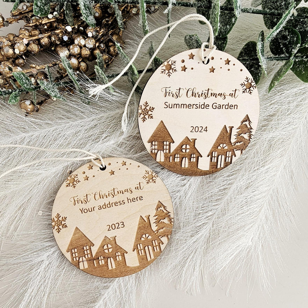 Personalised Wooden First Christmas at New House Ornament for Housewarming Celebration -  Custom Christmas Tree Bauble Keepsake Gift