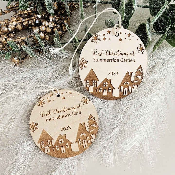 Personalised Wooden First Christmas at New House Ornament for Housewarming Celebration -  Custom Christmas Tree Bauble Keepsake Gift