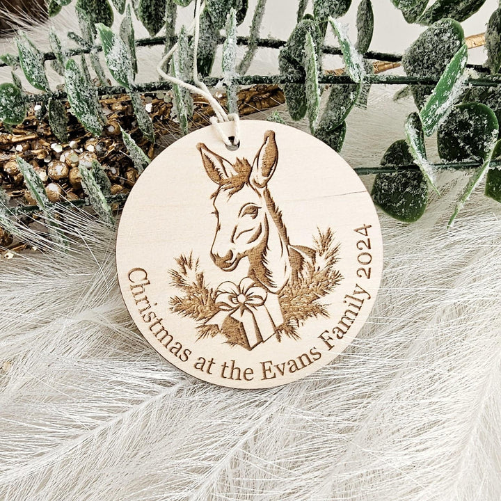 Wooden Bauble Christmas Tree Ornament - Personalised Keepsake, Festive Decor, Beautiful Christmas Donkey Decoration