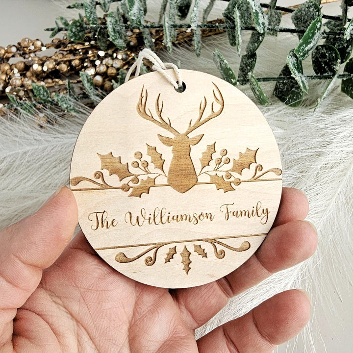 Deer Monogram Bauble Christmas Ornament - Personalised Wooden Keepsake - Festive Tree Decoration