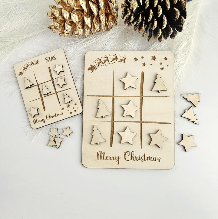 Christmas Noughts and Crosses - Tic Tac Toe, Wooden Mini Games for Kids, Personalised Table Favour, Xmas Table Decor, Secret Santa Gift