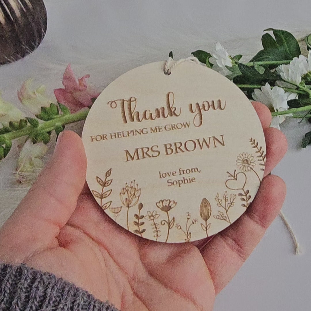 Wooden Teacher Ornament Floral Meadow, Personalised Keepsake, Hanging decoration, End of School Gift