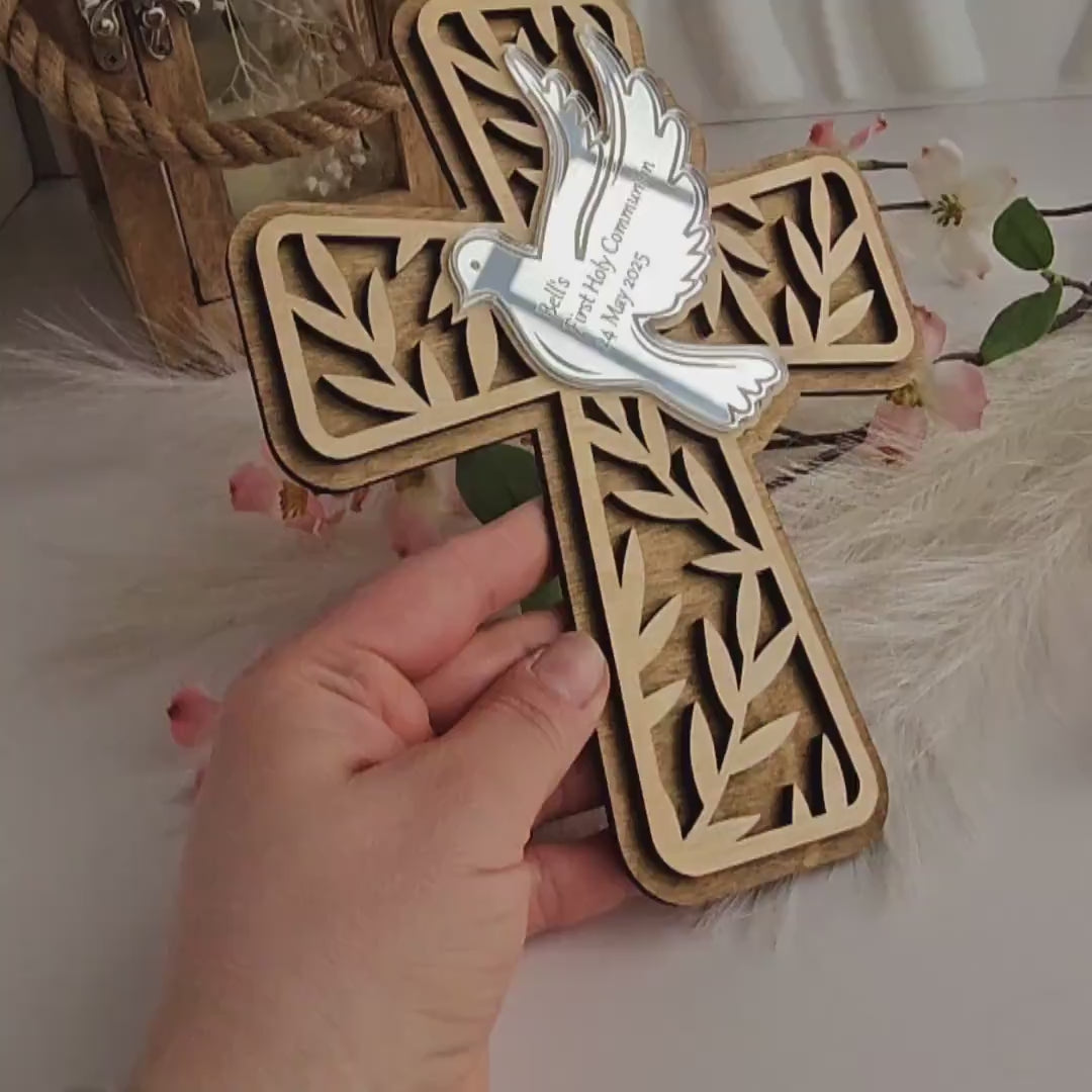 Personalised First Holy Communion Cross Gift – Wooden Catholic Dove Keepsake