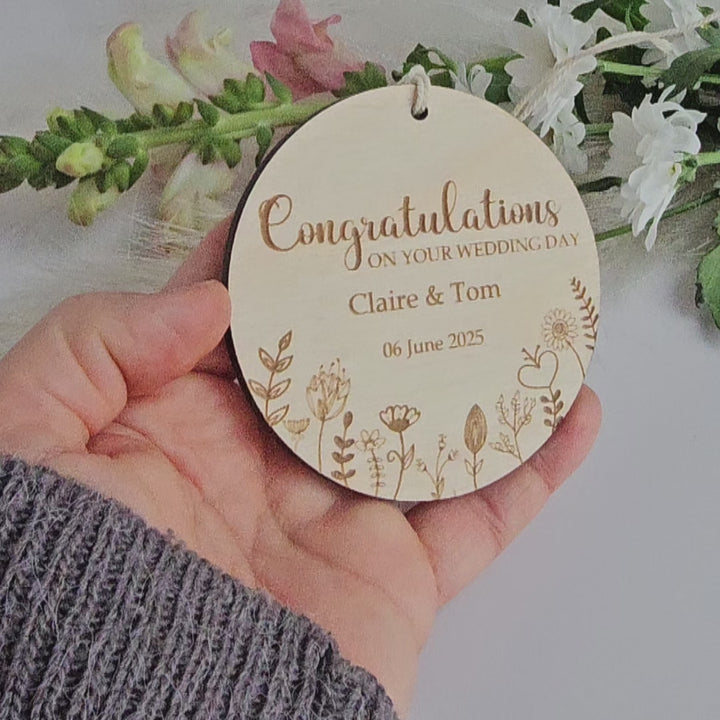 Wooden Wedding Ornament Floral Meadow, Personalised Keepsake, Hanging decoration