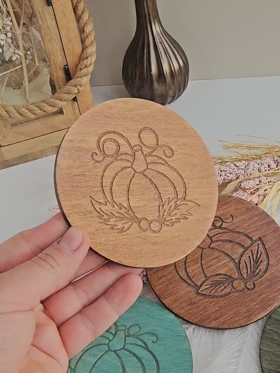 Autumn Pumpkin Wooden Coasters - Cosy Fall Drink Coaster, Decorative Halloween Table Decor, Handmade Gift Idea - Set of 4 coasters