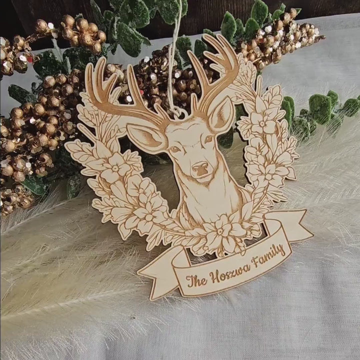 Personalised Wooden Christmas Tree or Wall Family Ornament with Deer Head in Flowers - Deer Head Sign, Deer Antler Decoration, Hunter Gift