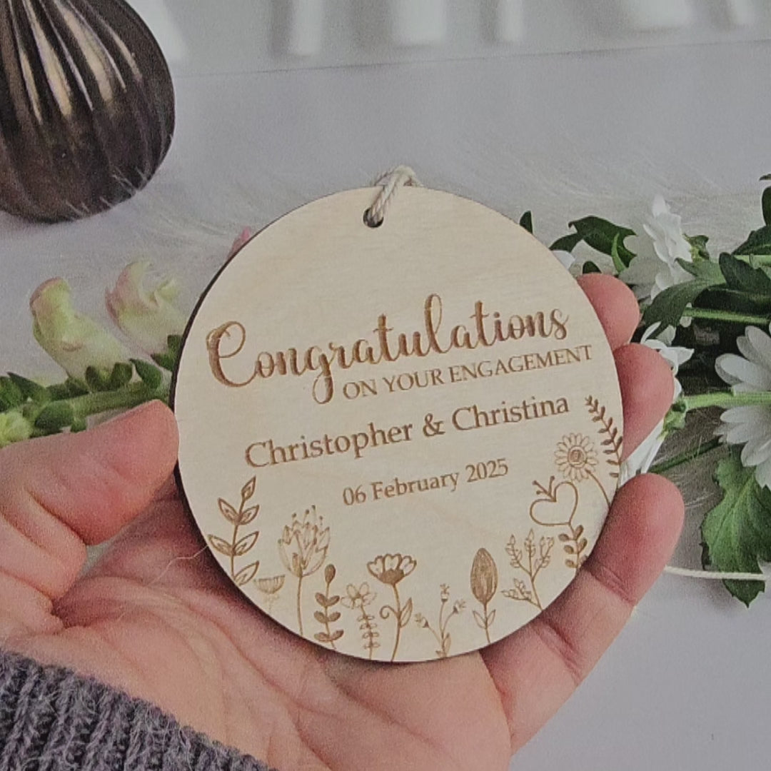 Wooden Engagement Ornament Floral Meadow, Personalised Keepsake, Hanging decoration