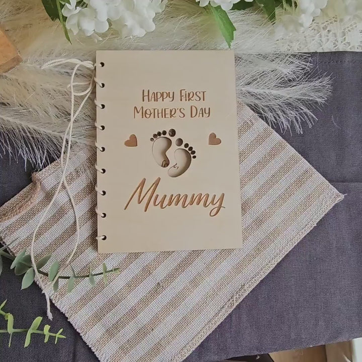 First Mother’s Day Wooden Card – Personalised Baby Feet Keepsake Gift for New Mum